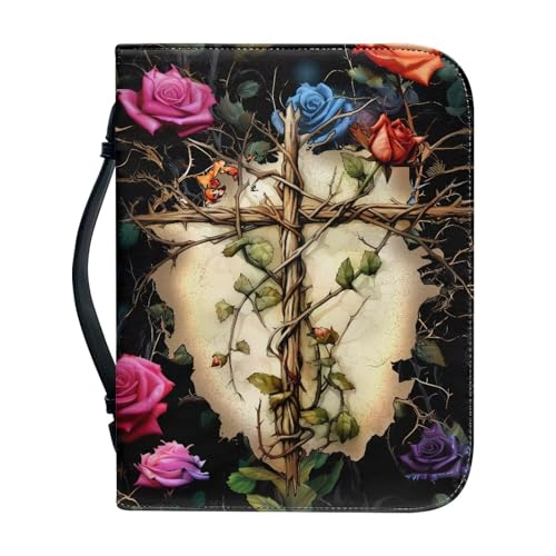 Sellikakes Cross Bible Cover for Women Men Cross Brambles Rose PU Leather Bible Case Bible Carrying Case Bible Covers Perfect Christian Gifts Bible Protector Study Supplies