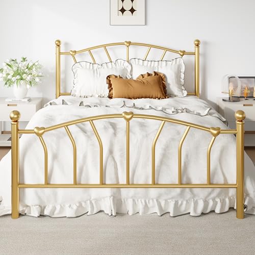 SHA CERLIN 14 Inch Queen Size Metal Platform Bed Frame with Heart Shaped Iron-Art Headboard/Footboard Under Bed Storage Noise Free Mattress Foundation No Box Spring Needed Easy Assembly Gold