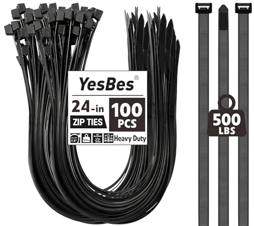 100 PCS Zip Ties 24 Inch Heavy Duty Large Cable Ties 500lbs Tensile Strength Black Zip Ties for Indoor and Outdoor Use UV Resistant Wire Ties