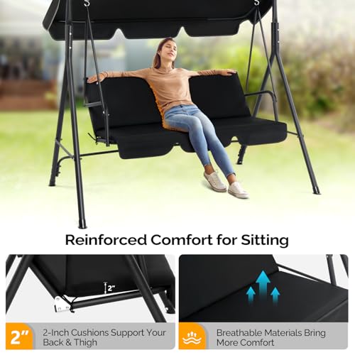 VINGLI Heavy Duty 2 Person Outdoor Porch Swing with Canopy & Cushions (Black)