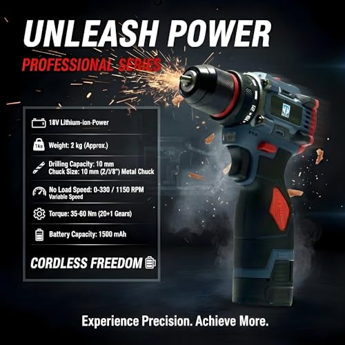 Image of THOR 18V Brushless Cordless Drill Heavy Duty | 2x 18V Batteries, 60Nm Torque, 10mm Chuck | 2-Speed (0-350 /1150 RPM), Torque Adjustment, LED | Professional Power Tool for Home /Workshop