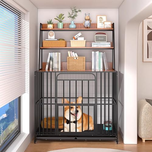多機能家具犬用クレート、引き出し式トレイ付き木製犬用クレート、3つの棚、厚く厚くした屋内用(Black,95cm/37in)