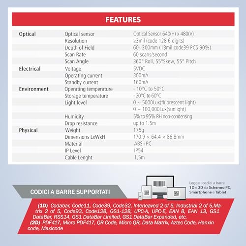 Atlantis A08-ld190-2d Lettore Barcode 2d Manuale Profondita' Campo 60-300mm Risoluzione 3mils Sensore Ottico 640x480 1d-2d Usb - 11