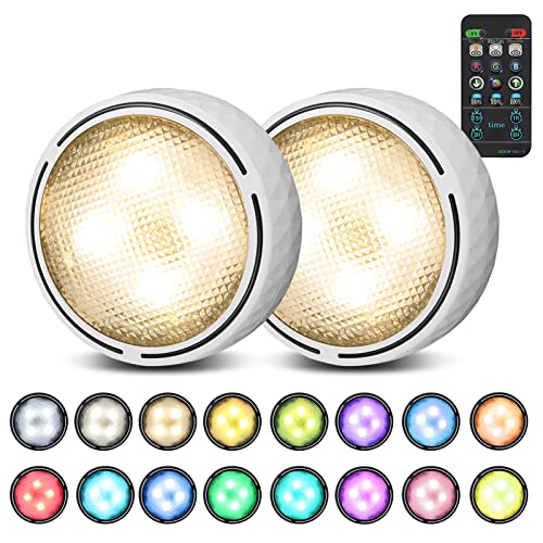 Onumii LED Puck Lights with Remote Control, Battery Operated Under Cabinet Lighting, Wireless Stick-On Color Changing Timer Lights for Kitchen Cabinets, Closets, Shelves - 2 Pack, White
