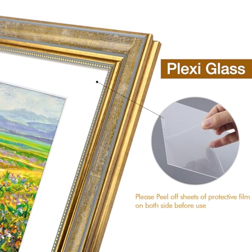 Image of Golden State Art,8.5x11 Ornate Picture Frame Holds 6x8 Photo,Vintage Gold | Includes plexiglass front,white mat,easel stand,build-in hangers and buttons.Displays 6x8 photo on wall or tabletop