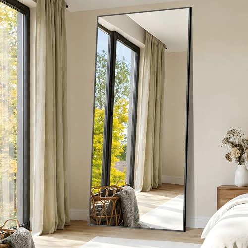 NIMURY Rechteckiger Ganzkörperspiegel, 200 x 90 cm Standspiegel mit Schwarzem Aluminiumrahmen, Groß Wandspiegel Bodenspiegel für Schlafzimmer, Eingangsbereich, Flur, Heimdekorationn