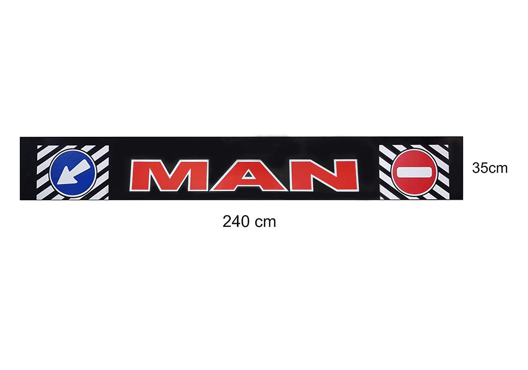 LKW Lange Heckschürze Hartgummi für MAN Truck Anhänger Auflieger Gummi Schmutzfänger 240x35cm Schwarz mit Verkehrssymbolen und roter Aufschrift