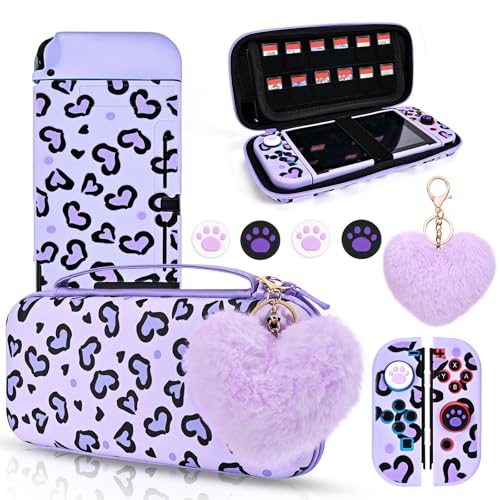 DLseego Love Heart Leopard �L�����[�P�[�X Switch 2017�A�N�Z�T���[�Z�b�g �|�[�^�u���L�����[�P�[�X �\�t�gTPU�V�F��1��&�t���V�V�n�[�g�y���_���g1�� & �X���b�g12��&�L�̓����e�w�O���b�v�L���b�v4�� �p�[�v��