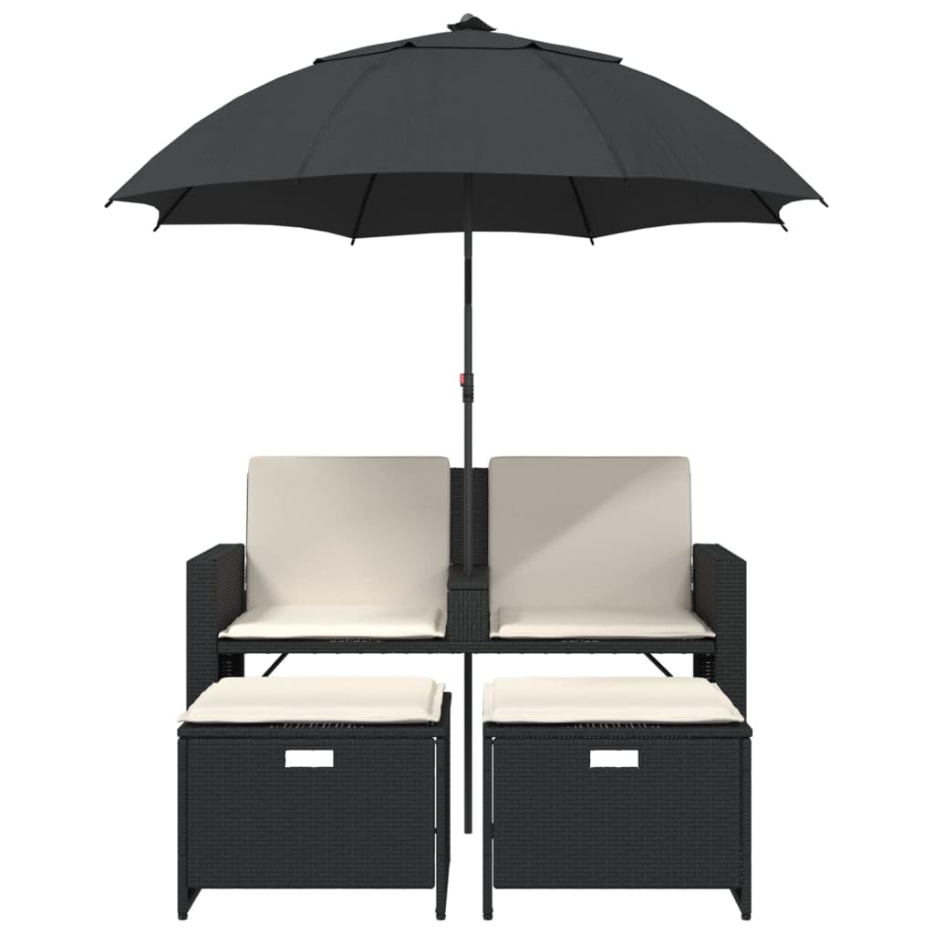 2-os. sofa ogrodowa z parasolem i stołkami, czarna, polirattan, komplet mebli tarasowych z poduszkami, stabilna stalowa rama, regulowany parasol, składane podnóżki, do na warunki atmosferyczne