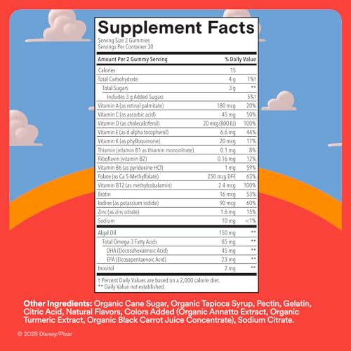 Image of SmartyPants and Disney-Pixar's Toy Story 5 Kids Multivitamin Gummies, Omega 3 DHA EPA, Vitamin D, C, B12, E, Zinc and Iodine, Clean Label, Gluten Free, Mixed Fruit Flavors, 30 Day Supply, 60 Gummies