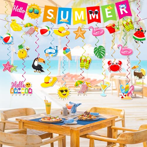 Image of Summer Party Decorations, Beach Party Decor Includes Hello Summer Banner Beach Hanging Swirls and Garland, Summer Decorations for Office Classroom, Pool Decorations