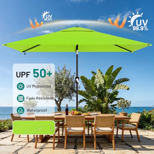 Image of AreShark 6.5' x 10' Rectangular Patio Umbrella with Solar Lights, Solar Powered Lighted Market Umbrella w /Tilt and Crank, Outdoor Table Umbrella for Garden, Deck, Backyard, Pool, Apple Green
