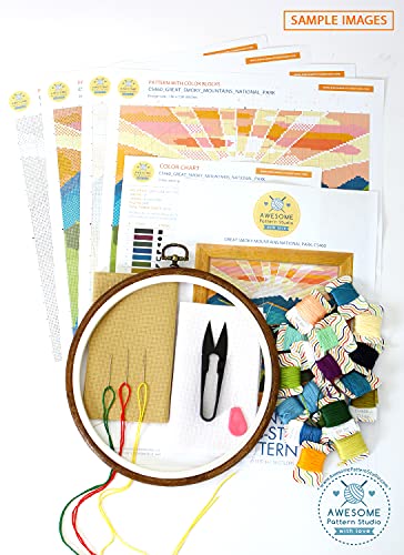 Image of Zion National Park K423 Counted Cross Stitch KIT#3. Threads, Needles, Fabric, Embroidery Hoop and Printed Color Pattern Inside. Embroidery Pattern