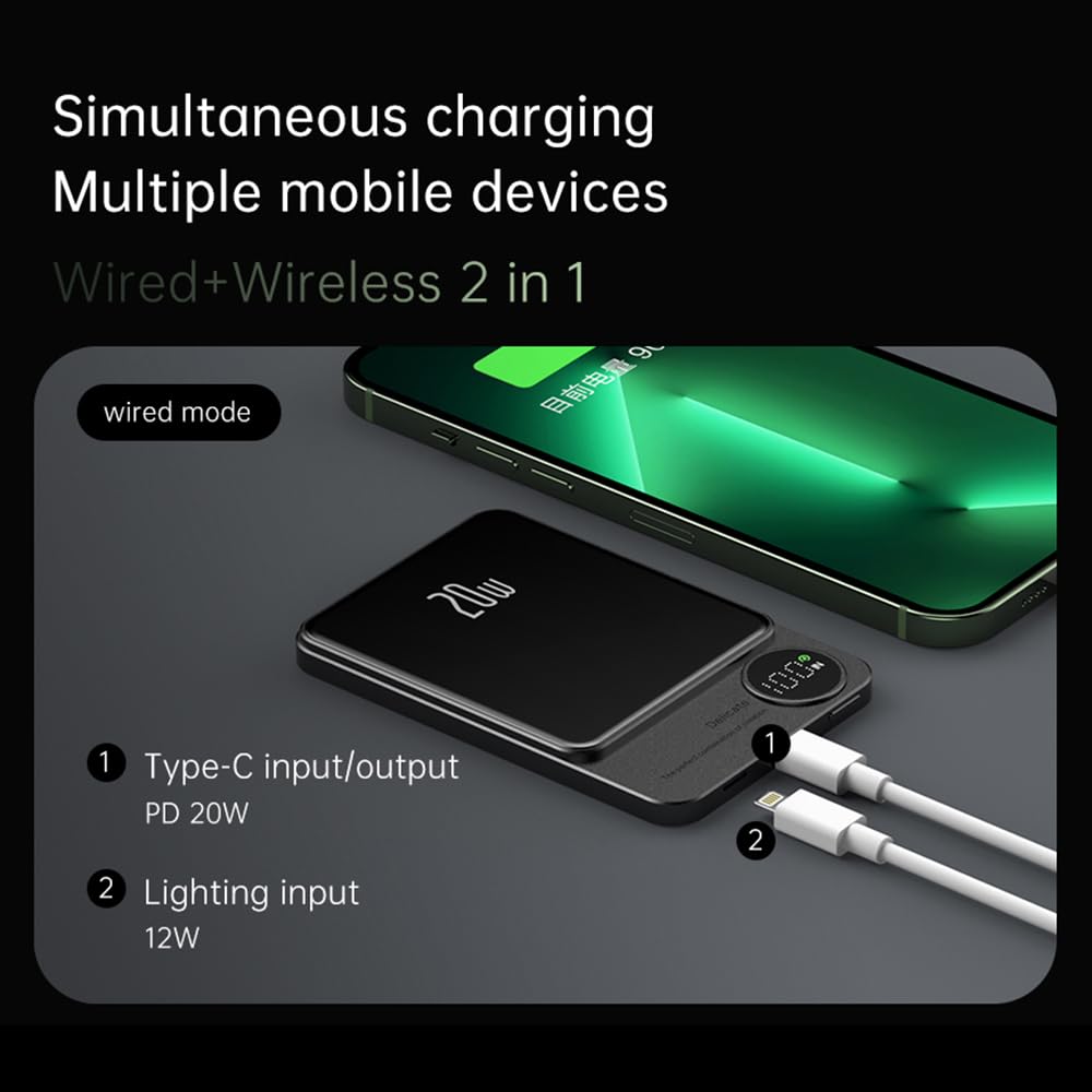 Aoresac Magnetische Powerbank mit 5000 MAh, PD20 W, Ultraschlanke Externe Akkus aus Aluminiumlegierung mit LED-Anzeige, Tragbar, Effizientes Laden für (10000 mAh [magnetisch + Schnellladung])