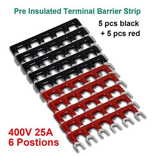 Image of 15pcs (5 Sets) Terminal Block - 5pcs 6 Positions 600V 25A Dual Row Screw Terminal Strip with Cover + 10pcs 400V 25A 6 Positions Pre-Insulated Terminal Barrier Jumper Strips Black & Red by MILAPEAK
