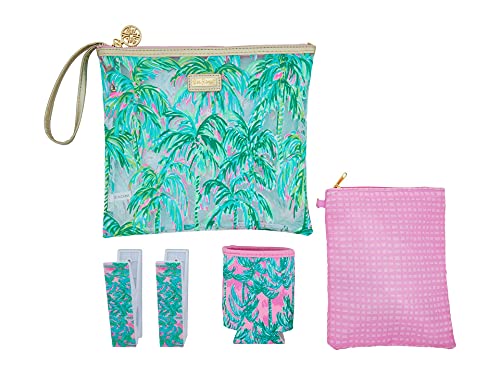 Lilly Pulitzer Water Resistant Vinyl Beach Day Pouch, Zipper Bag Includes Drink Hugger, Small Pouch, And Towel Clips, Suite Views #TOP6