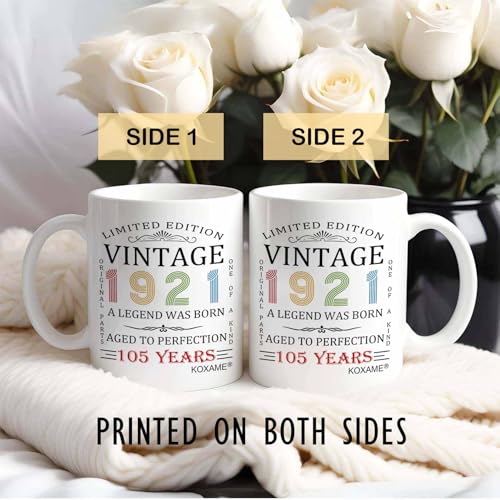 KOXAME Vintage 1921 Coffee Mug 11oz, 105th Birthday Gifts For Men Women, 105 Year Old Birthday Gifts For Him Her, Gift Ideas For Mom Dad Husband Wife Papa Grandma Turning 105 (105) - image 3