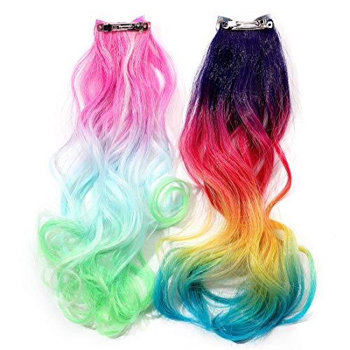 Amerla AL Curly Colored Hair Extensions For Kids Rainbow Ombre Ponytail Extension Fake Hair Barrettes Party Hair Accessories 2 Pack thumb #6