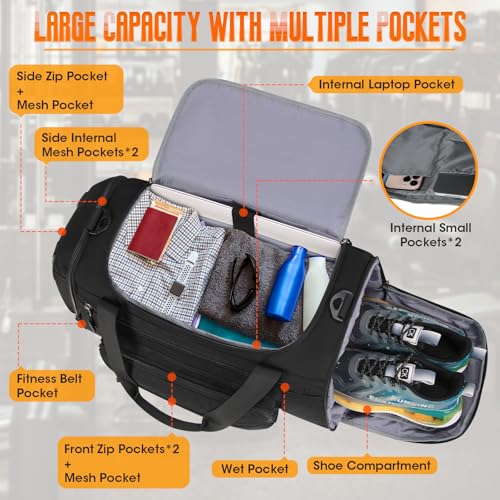 40L Waterproof Duffle Bag with Shoe Compartment - Black - Image 2