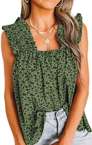 PRETTYGARDEN Boho Floral Tank Tops for Women, Shirred Straps Pleated Summer Casual Sleeveless Shirts Tops Beach Blouses