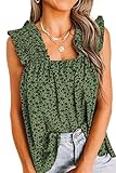 PRETTYGARDEN Womens Blouse Sleeveless Boho Floral Tank Tops Summer Casual Sleeveless Shirts Tops Pleated Smocked Tank T Shirts (Green, Large)