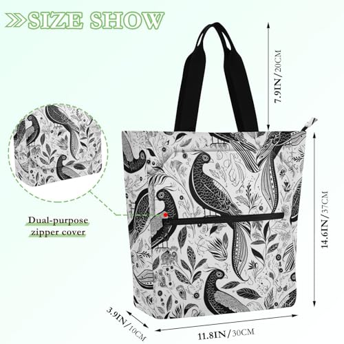 Decorative Kid Tote Bag for Kids Adults, Black White Peacock Lightweight Library Book Tote Shopping Bag with Zipper Handles for College Shopping Beach Rainbow mochilas para lectores2