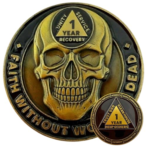 1 Year Skull Sobriety Coin- Sobriety Anniversary- AA Coins and Medallions- Unique Sobriety Gift- AA Milestone Coin- Sobriety Chips and Sobriety Coins