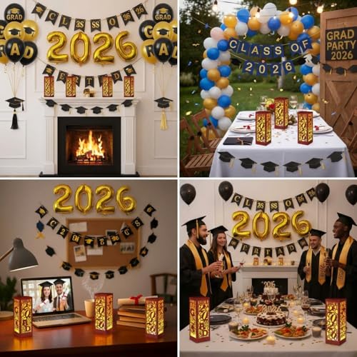 Image of Rossesay 6 Pcs Graduation Table Centerpieces Boxes Class of 2026 Graduation Lanterns for Centerpieces with LED Candles Congrats Grad School College Photo Props for Party Table Decoration (Chestnut)