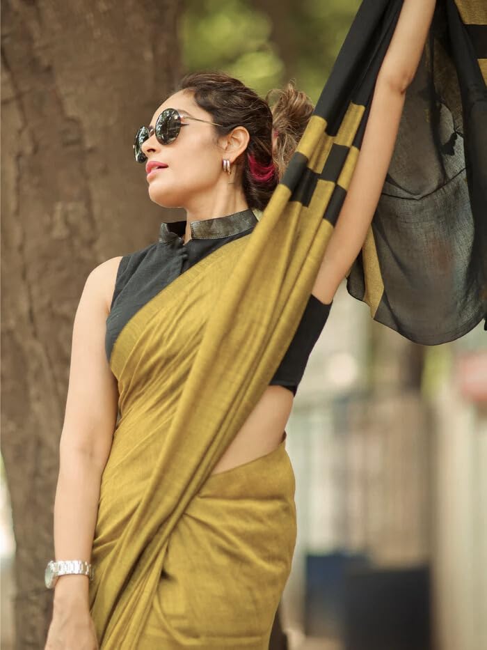 Image of Women's Cotton Woven Soft Sarees With Attach Blouse Piece.