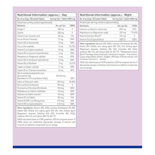 Image of TRIMACARE 3 Advance | Prenatal Vitamins For Pregnancy | 3rd Trimester| New Formula with Choline | Iron, Veg DHA Omega 3, Calcium | No Gas, Bloating, Or Constipation | Bowel Regulator | | 20+ essential nutrients (Pack of 3) | 60 X 3 Tablets |