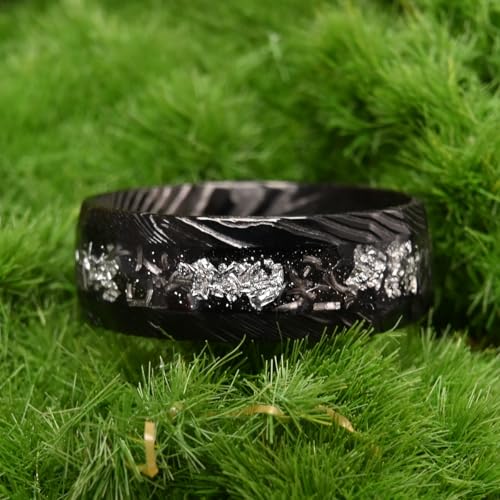 Black Damascus Steel Rings for Men Women 8mm Hammered Inlaid Silver Foil and Meteorite Men's Engagement Wedding Bands Stylish Suitable for Anniversary3