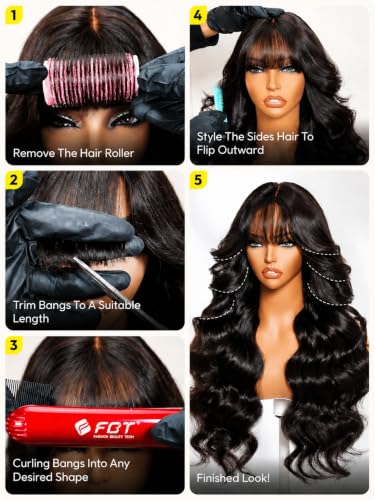 Image of 13x4 Glueless Human Hair Wig Body Wave with Curtain Bangs 18 Inch | Bye Bye Slip HD Lace Front Wigs Human Hair Pre Cut Pre Plucked Bleached Knots Bangs Drawstring Cap Ready to Wear 150% Density