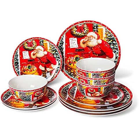 Xiteliy Porcelain Dinnerware Sets Christmas Gecorations Gift Theme Ceramic Plates Bowls12 Piece Dinner Service Sets (12, Red) Cover