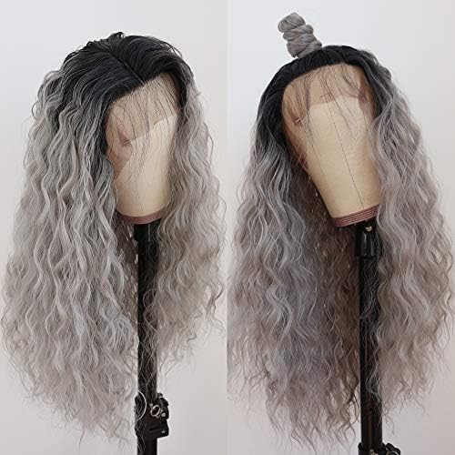 Aubree Long Loose Curly Synthetic Lace Front Wigs Black Grey Ombre Color Glueless 180% Density Heat Resistant Synthetic Lace Hair Wigs With Natural Baby hair