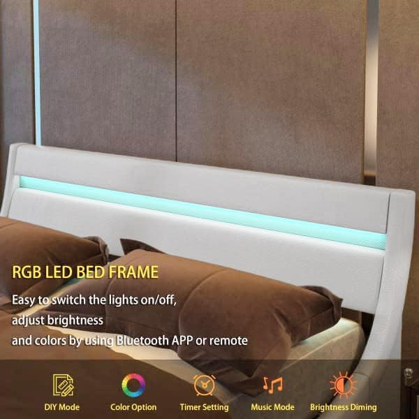 Miniatura 5 de TTVIEW Marco de cama LED inteligente tapizado Queen con cabecero moderno marco de cama de piel sintética tipo onda marco de cama de perfil bajo con