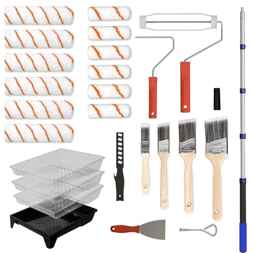 Paint Roller Kit with Extension Pole, 2-4 Ft Adjustable Pole, Professional 27-Piece Paint Kit, 4"9" Paint Rollers, Paint Brushes for Walls, Works with All Latex, Oil-Based Paints and Wood Finishes