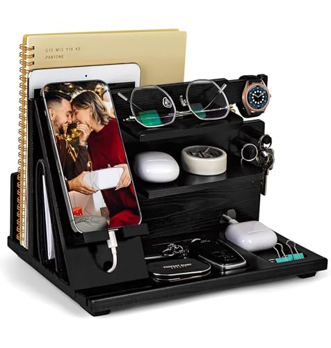 KOCWELL Wood Phone Docking Station, Gifts for Men, Nightstand Organizer Wood for Phone Tablet Earphones Watch Wallet Rings Pens Keys Notebook etc, Birthday Gifts for Men Husband Dad Boyfriend(Black) - image 1
