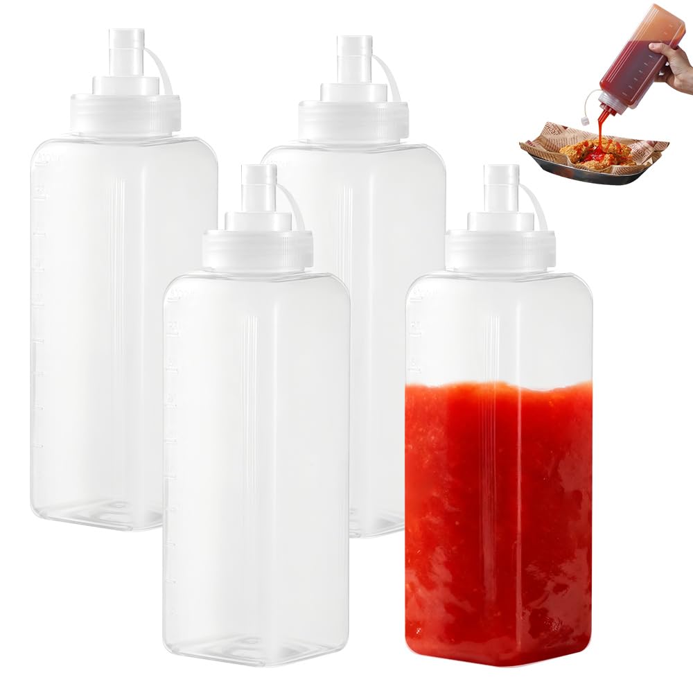 4 Pcs Bouteille Sauce 1000ml 32oz Flacon Sauce Plastique Squeeze