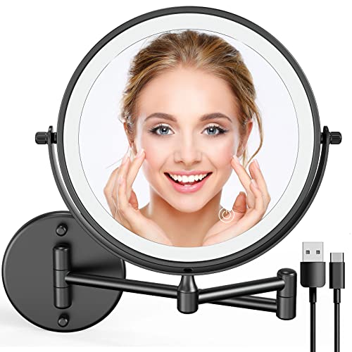 Sanawell Wall Mounted Makeup Mirror With Lights,8 Inches Double Sided 1X/10X Mirror With 3 Color Lights & Stepless Dimming,Touch Control 360°Rotation Vanity Mirror For Home Bathrom Shaving-Matte Black #TOP9
