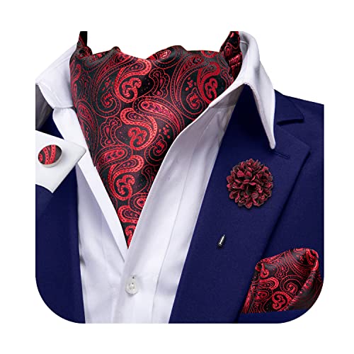 Image of Hi-Tie Silk Ascot for Men Self Tie Men's Cravat and Flower Lapel Pin Handkerchief Cufflinks Set for Wedding Party