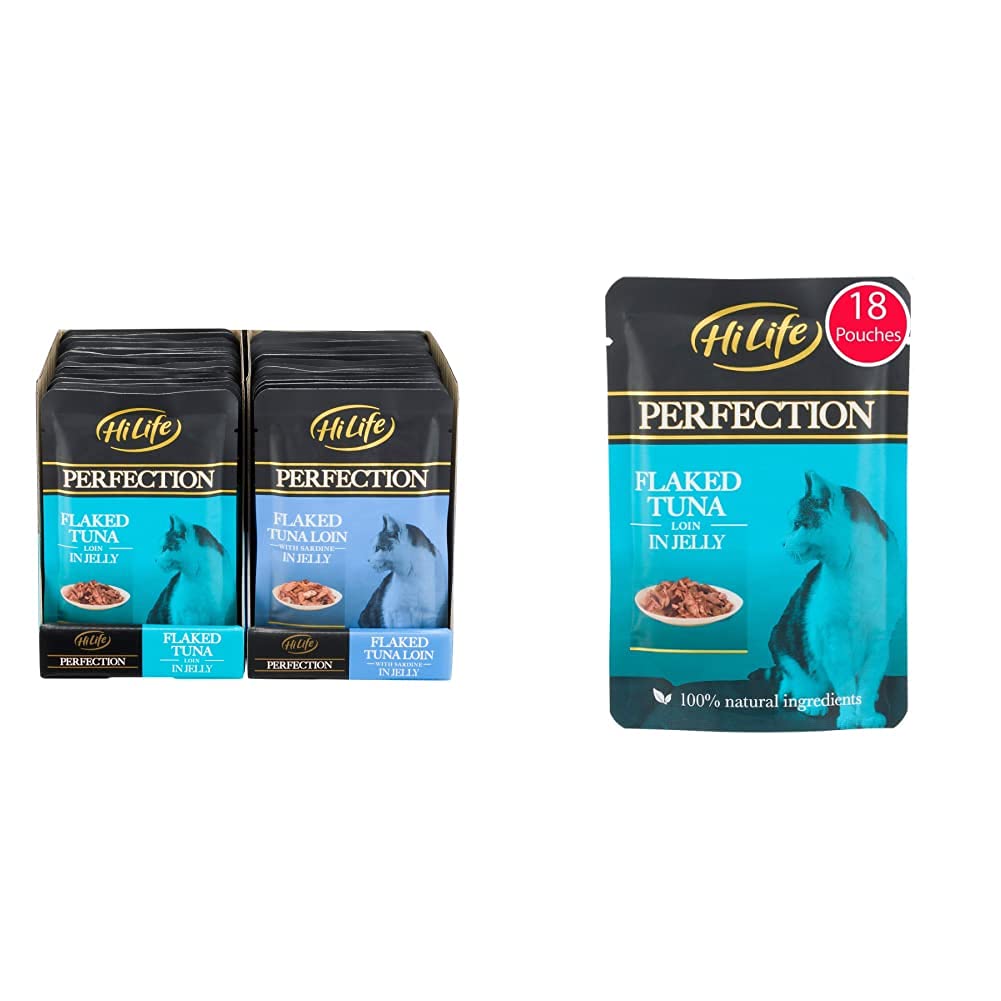 HILIFEPerfection - Wet Food for Adult Cats - Flaked Tuna Loin - 36 Pouches x 70g & Perfection - Wet Cat Food - Flaked Tuna Loin in Jelly - Natural Ingredients Grain Free, 18 Pouches x 70g