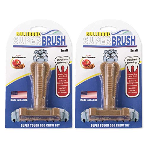Image of Bullibone SuperBrush Dog Dental Chew Toy for Small and Medium Breeds (2 Pack) - Long Lasting Nylon Toothbrush Stick for Teeth Cleaning, Rawhide Free, Made in USA, Apple Cinnamon