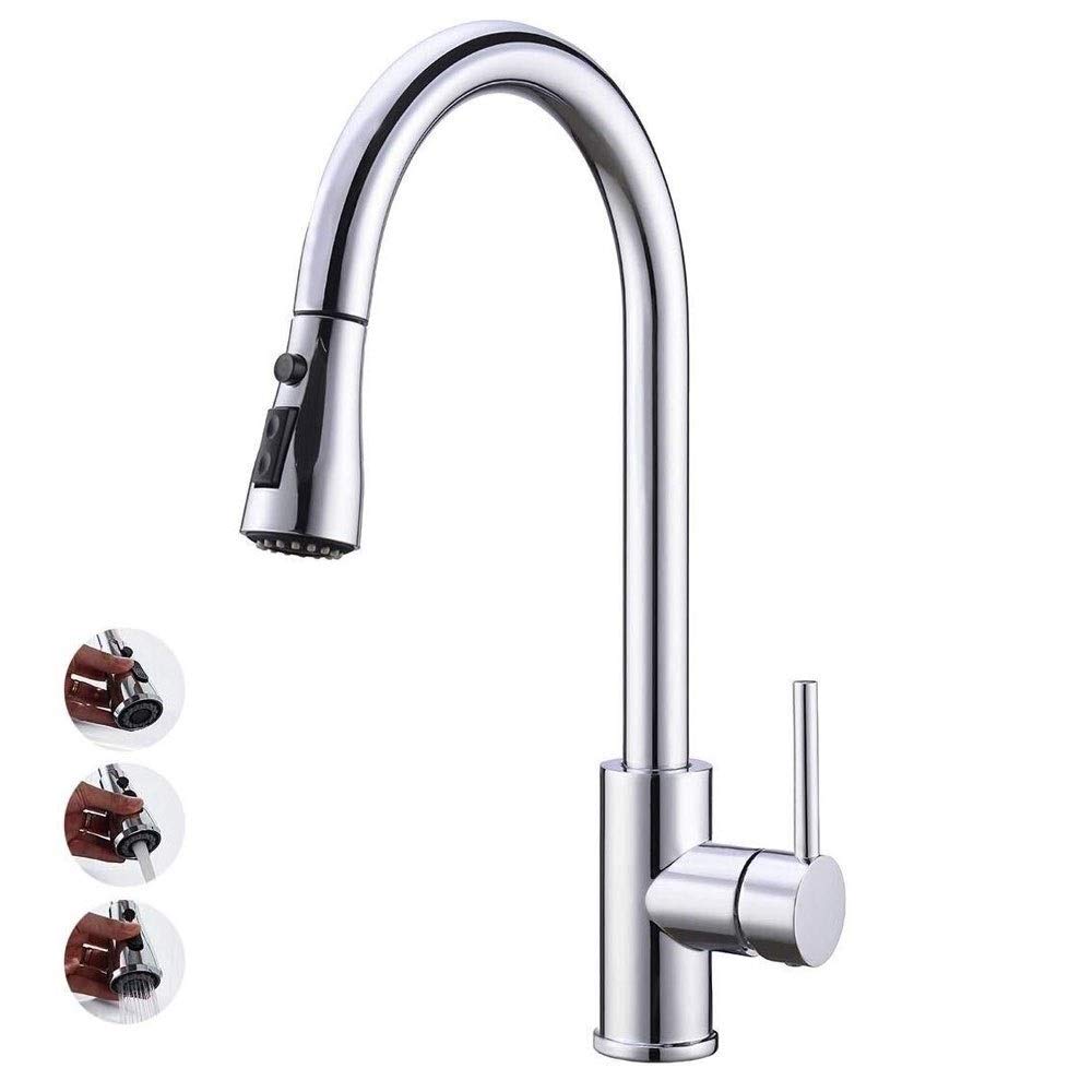 Grifo de Cocina, Grifo Cocina Extraible, Giratorio de 360 Grados Grifos Cocina Extensible de 2 Vías para Ahorro de Agua con Control de Agua Fría y Caliente (Color : Silver)