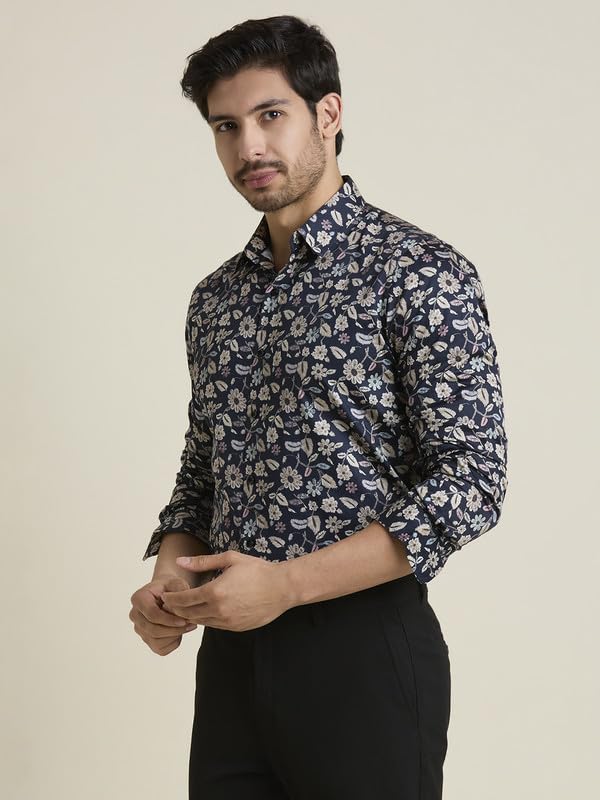 Image of MARK & ALBERT Men's Printed Full Sleeves Regular Fit Shirt Blue | 100% Cotton Stretchable Fabric