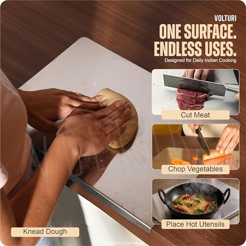 Image of VOLTURI 304 Stainless Steel Chopping Board (42 x 32.5 cm), Upgraded to Surgical-Level Hygiene, Food-Grade, Non-Porous, Rustproof, Heat Resistant Heavy-Duty Cutting Board Built for Daily Indian Cooking