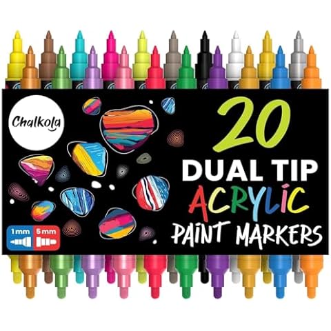 Chalkola 20 Acrylic Paint Pens Dual Tip - Acrylic Markers for Rock Painting, Canvas, Wood, Ceramic, Glass, Fabric, Metal - Permanent & Waterproof Fine tip Acrylic Paint Markers for Kids & Adults Cover