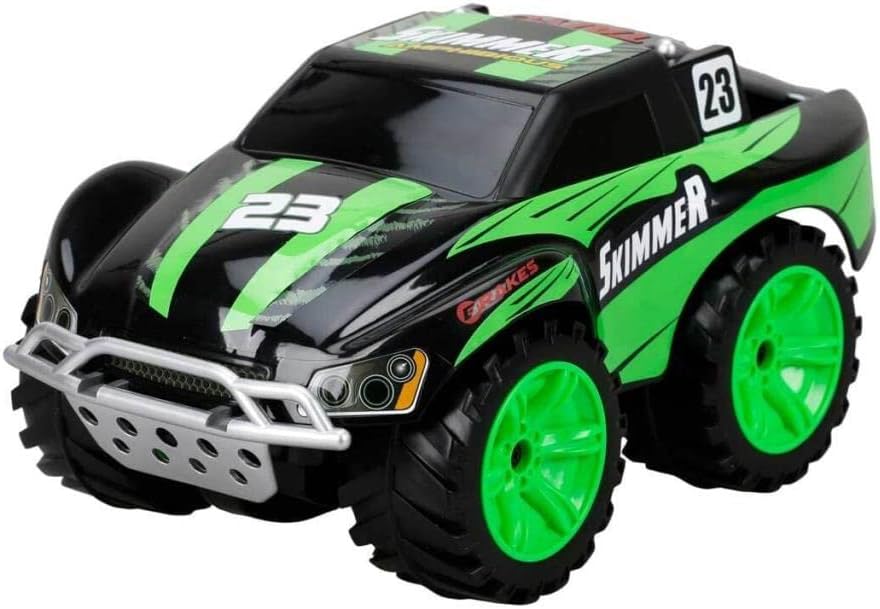 Taiyo RC Amphibious Skimmer Car, green and black, out of its box, showing its robust design.