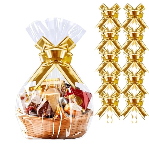 Image of PigPotParty Cellophane Bags for Gift Baskets, 16x24 in, 10 Pack, Gold Bows
