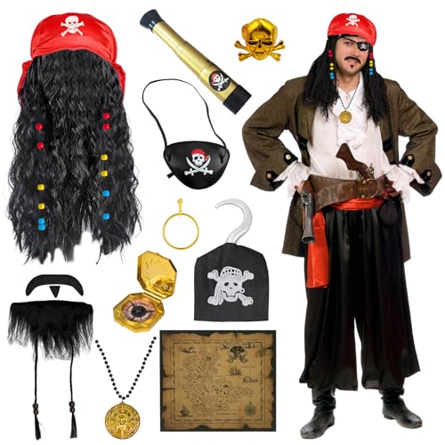 Lot de 11 accessoires de costume de pirate, capitaine, accessoires avec perruques, bandanas, cartes, télescopes, boussoles, masques pour les yeux, colliers,...