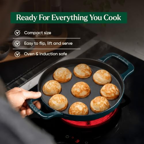 Image of Ember TitaniumClad Cast Iron Appe Pan 20 cm with Glass Lid | 9 Cavities | Rust-Proof Titanium Enamel, Lesser Seasoning Paniyaram Pan | Low-Oil Paddu Maker | Teal